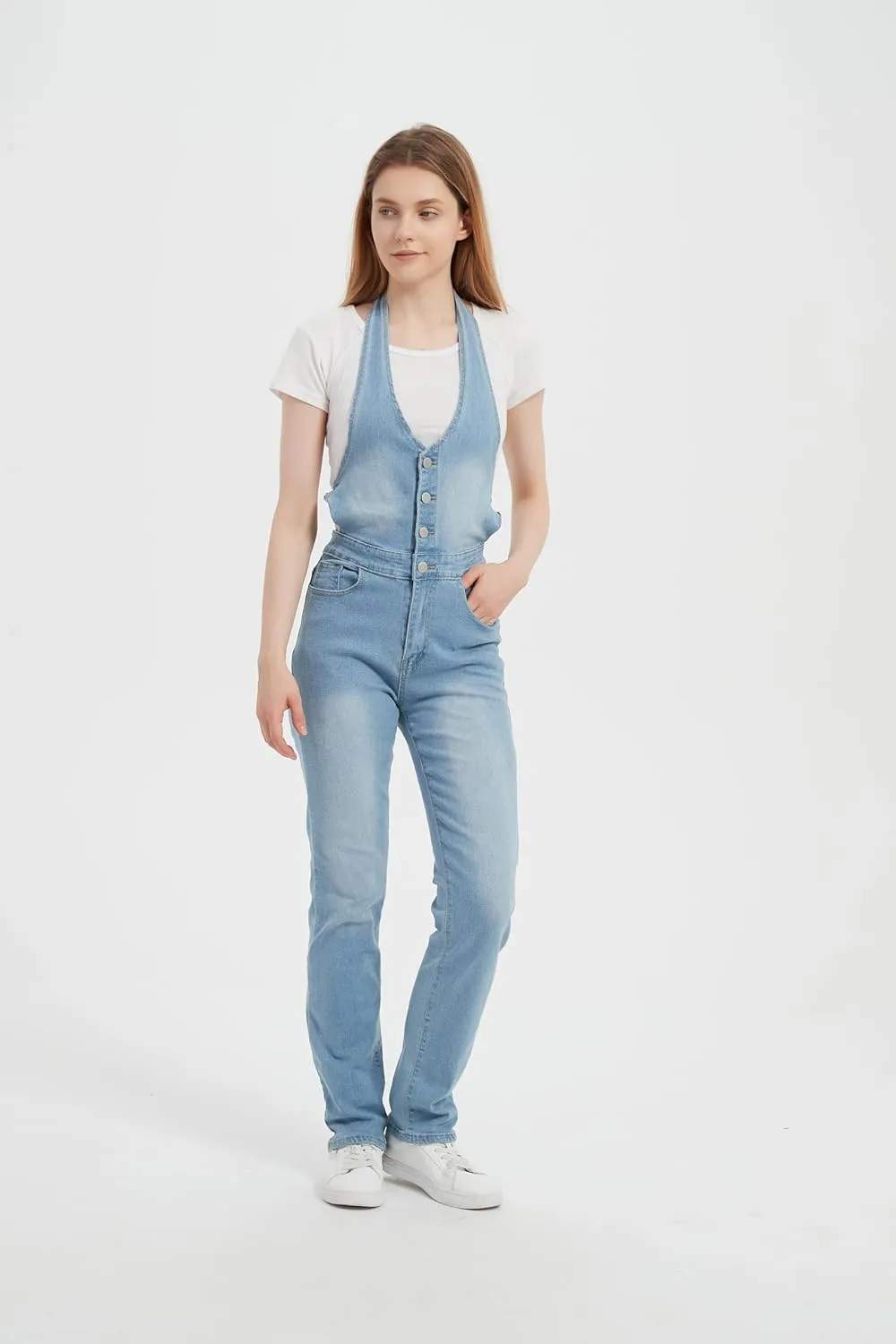 Molilove Jeans Jumpsuit for Women Sleeveless Vacation Outfits One Piece Denim Jumpsuit Sexy Backless Y2k Blue Jean Rompers