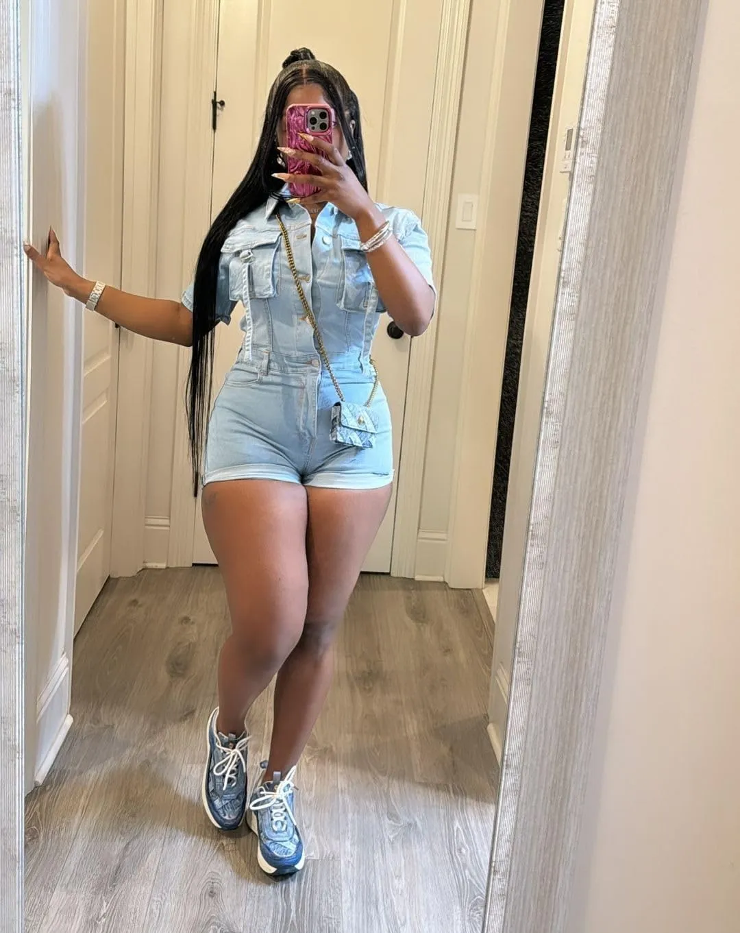 Molilove Women's Denim Romper Short Sleeve Button Down Bodycon Jean Jumpsuit with Pockets Summer Outfits