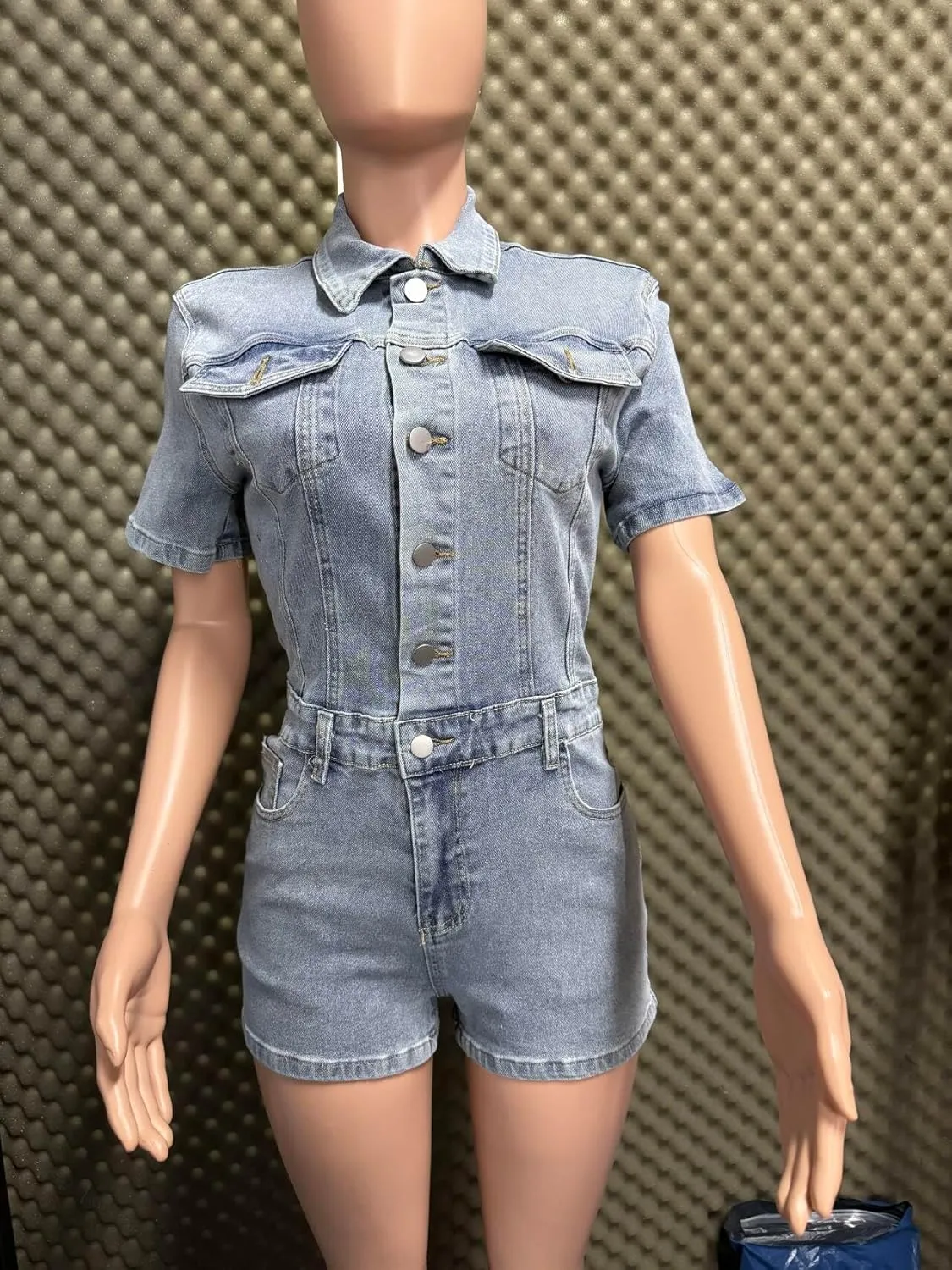 Molilove Women's Vintage Short Denim Jumpsuit Short Sleeve Button Down Jean Jumpsuit Rompers with Pockets