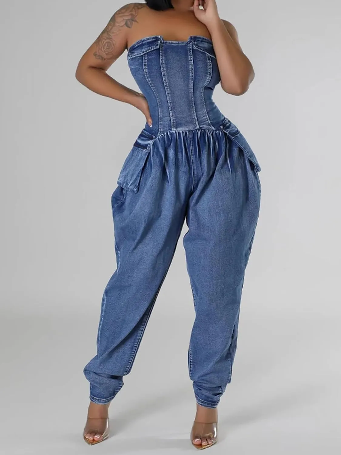 Molisry Women's Denim Jumpsuit Sexy Off Shoulder Sleeveless Tube Elastic Waisted Cargo Parachute Denim Pants Rompers