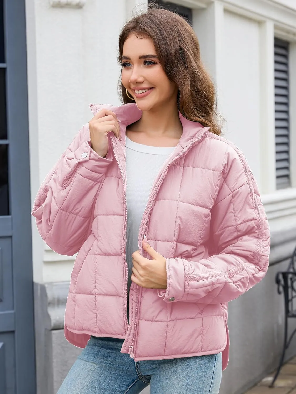 Muchpow Women's Lightweight Down Coat Long Sleeve Full Zipper Oversized Packable Short Puffer Jackets