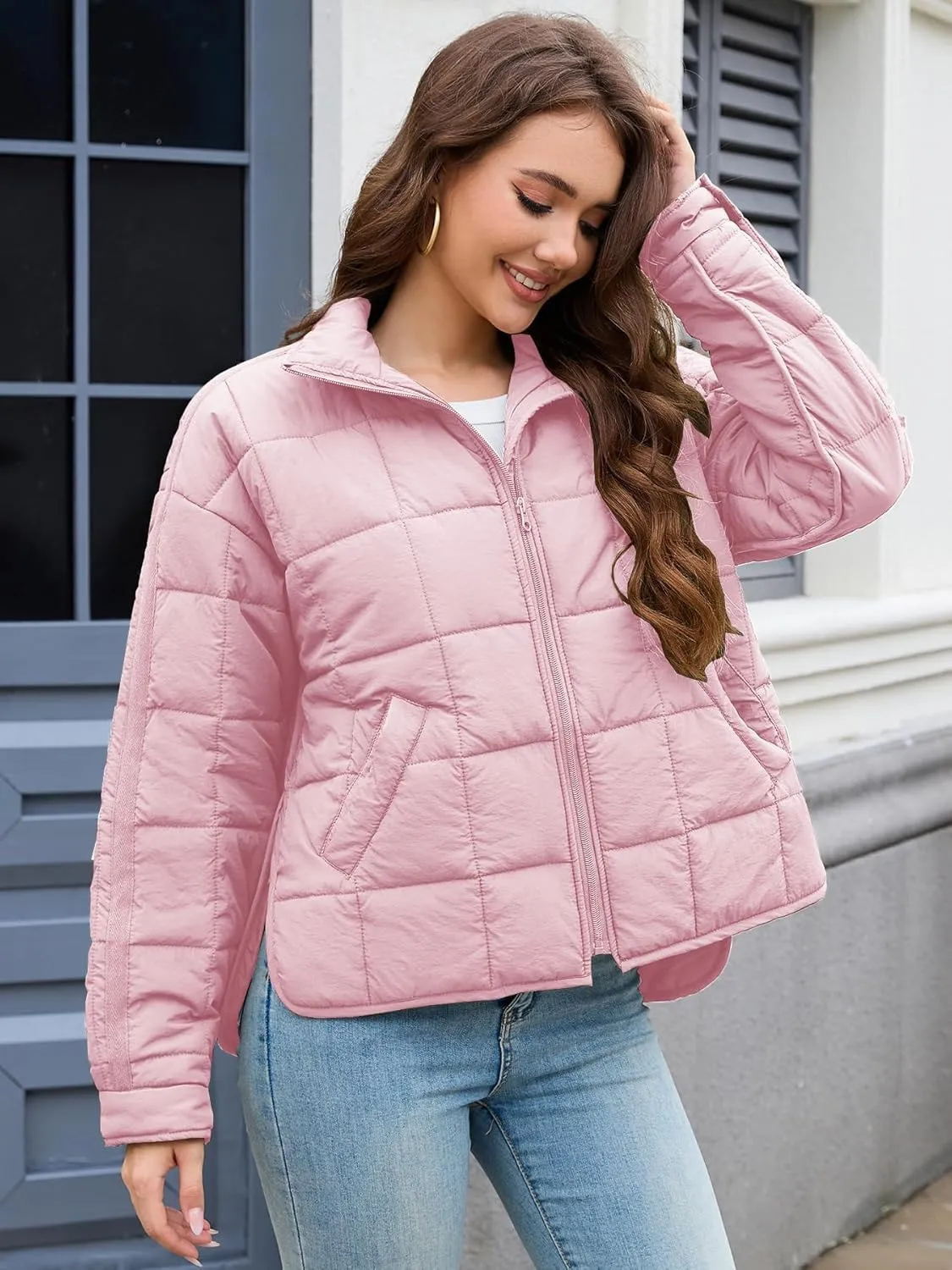 Muchpow Women's Lightweight Down Coat Long Sleeve Full Zipper Oversized Packable Short Puffer Jackets