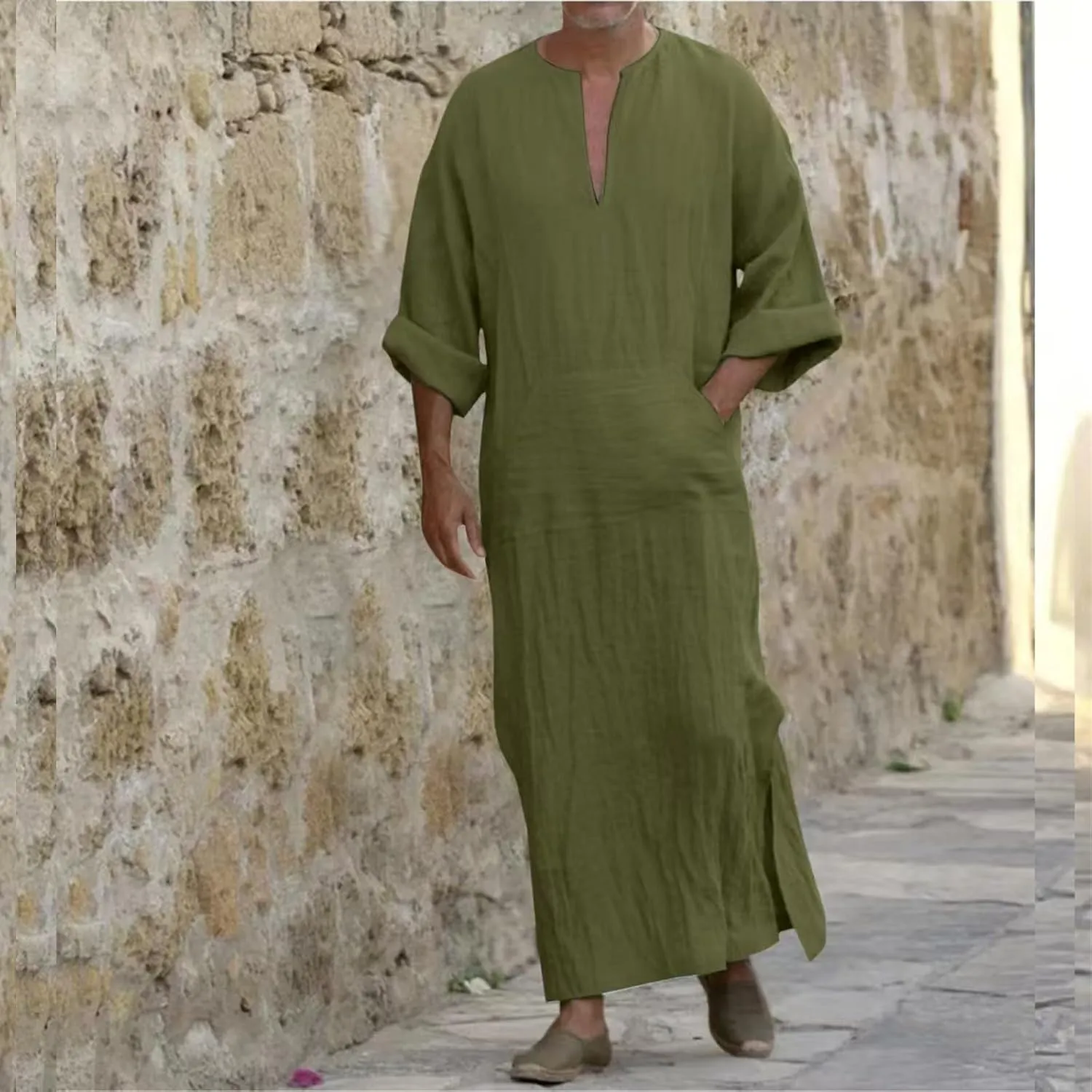 Muslim Robe Kaftan for Men Long Sleeve Solid V Neck Shirts Linen Kaftan Muslim Long Gown Side Split Ethnic Thobe Robe