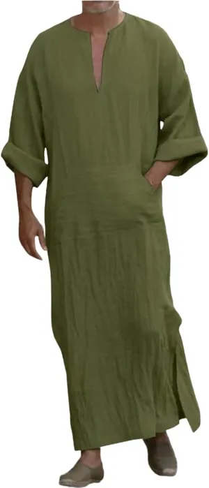 Muslim Robe Kaftan for Men Long Sleeve Solid V Neck Shirts Linen Kaftan Muslim Long Gown Side Split Ethnic Thobe Robe