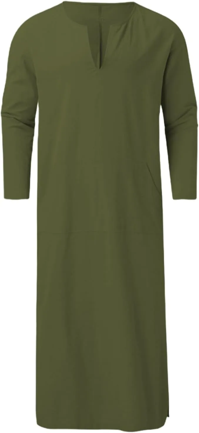 Muslim Robe Kaftan for Men Long Sleeve Solid V Neck Shirts Linen Kaftan Muslim Long Gown Side Split Ethnic Thobe Robe