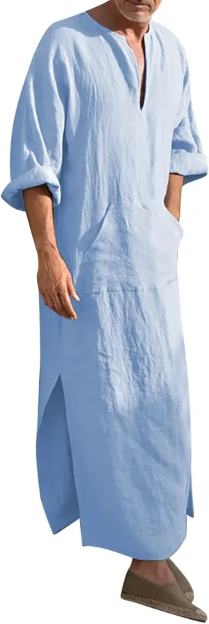 Muslim Robe Men Muslim Thobe for Men V-Neck Cotton Lightweight Kaftan Summer Leisure Islamic Arabic Ramadan Robes