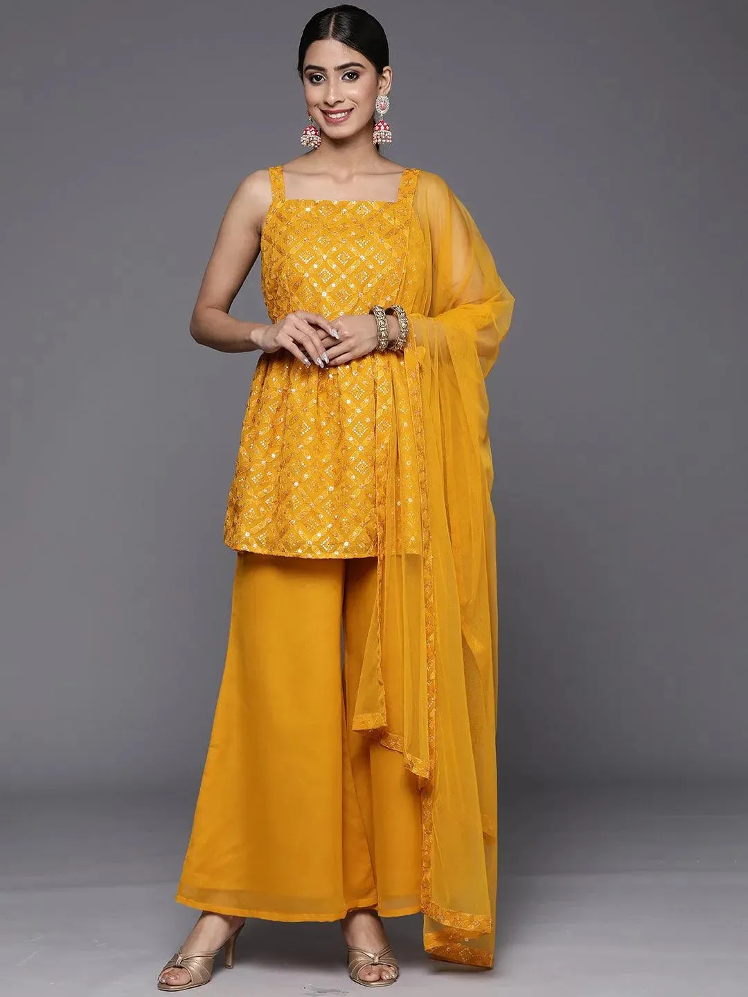 Mustard Embroidered Georgette A-Line Kurti With Palazzos & Dupatta
