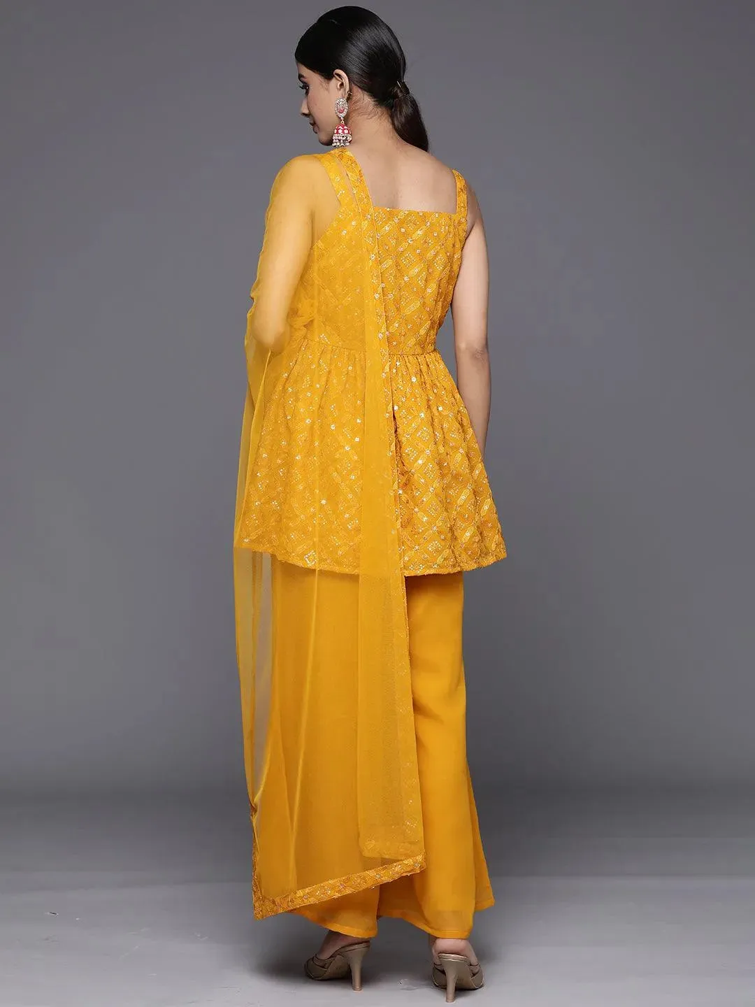 Mustard Embroidered Georgette A-Line Kurti With Palazzos & Dupatta