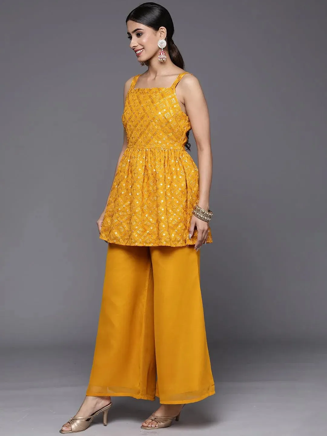 Mustard Embroidered Georgette A-Line Kurti With Palazzos & Dupatta