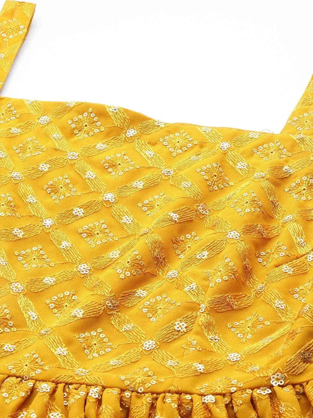 Mustard Embroidered Georgette A-Line Kurti With Palazzos & Dupatta