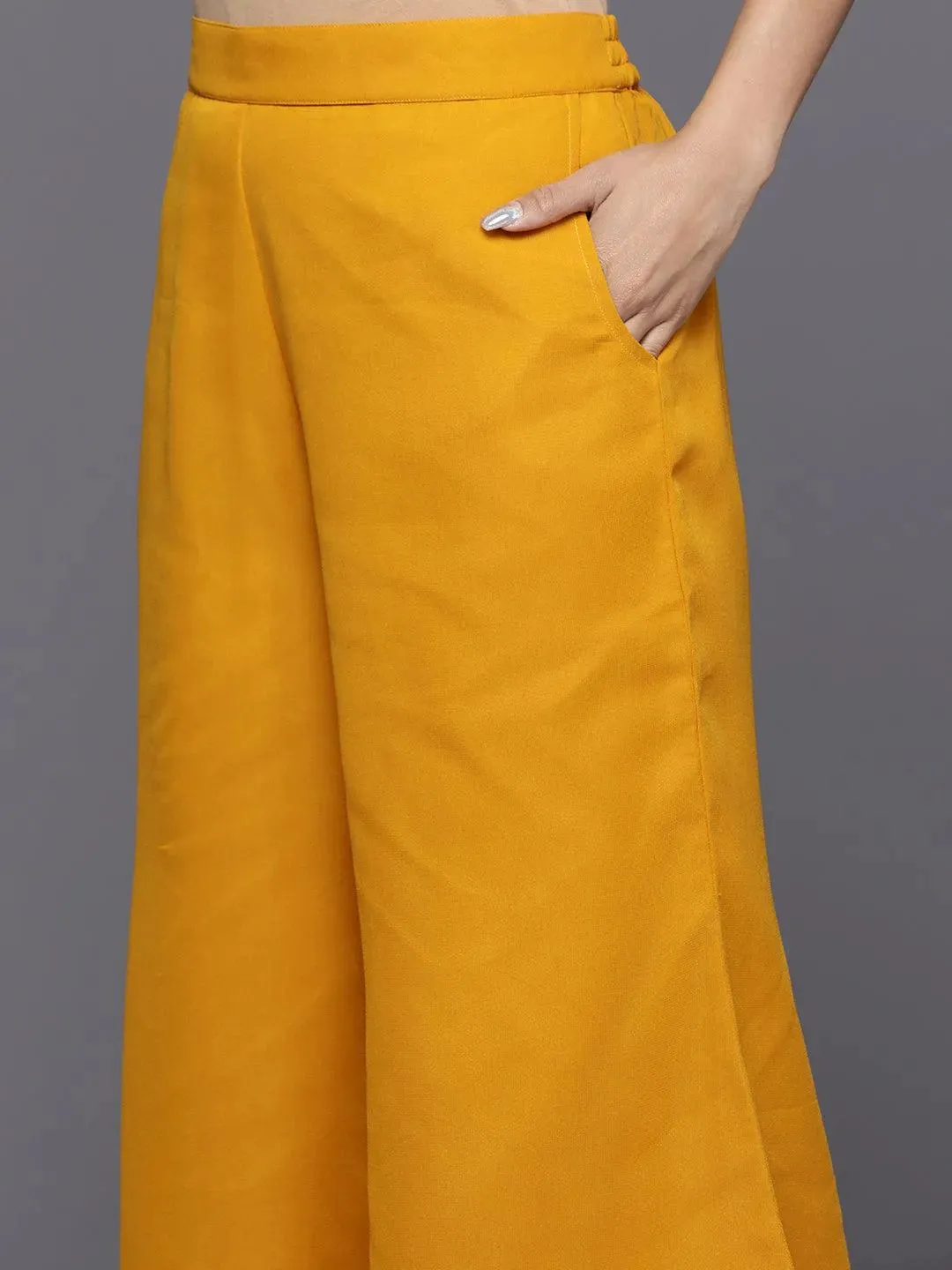 Mustard Embroidered Georgette A-Line Kurti With Palazzos & Dupatta