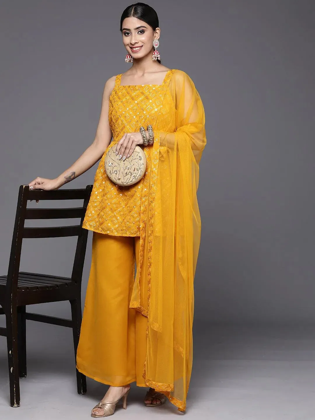Mustard Embroidered Georgette A-Line Kurti With Palazzos & Dupatta
