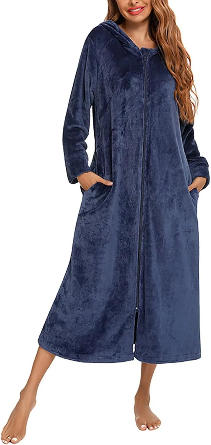 Mzkdieey Women Fleece Robes Hooded Plush Zipper Front Long Bathrobe Flannel Fleece Warm Housecoat Sleepwear with Pockets