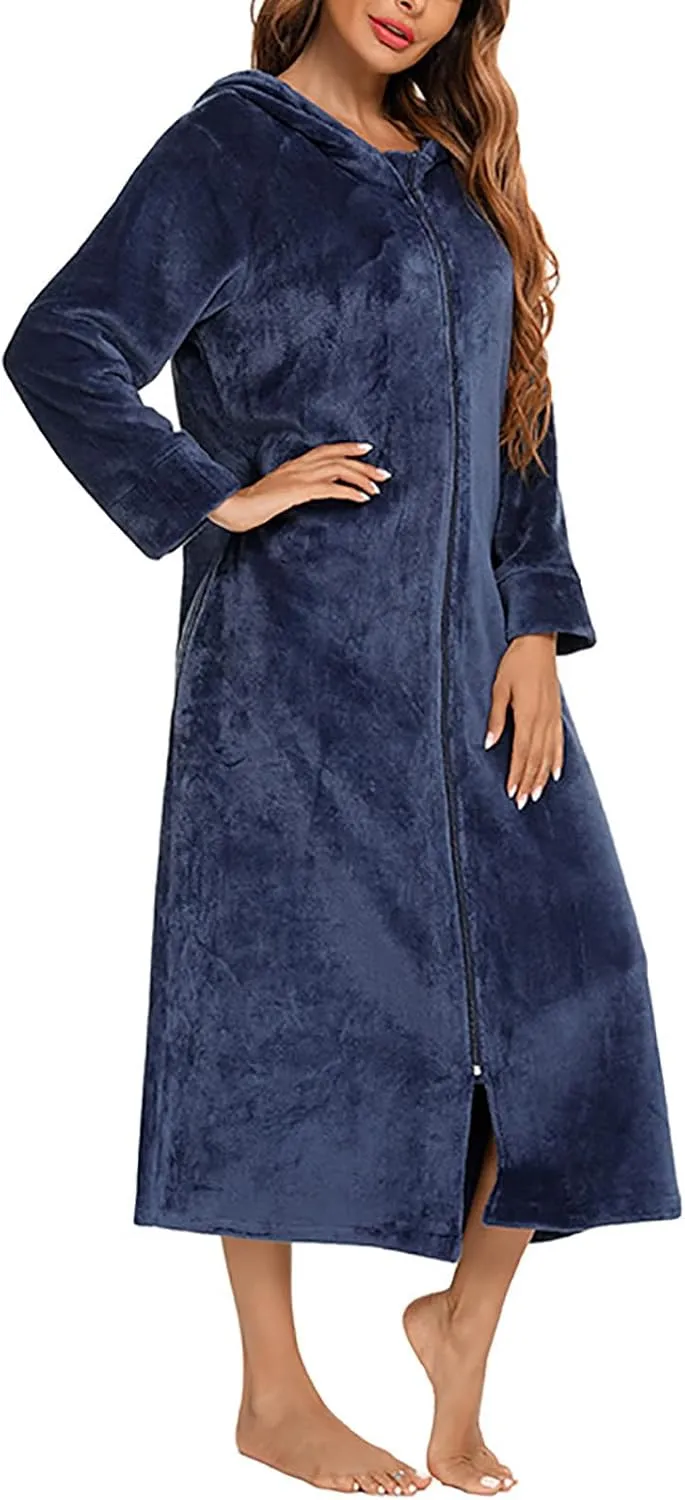 Mzkdieey Women Fleece Robes Hooded Plush Zipper Front Long Bathrobe Flannel Fleece Warm Housecoat Sleepwear with Pockets