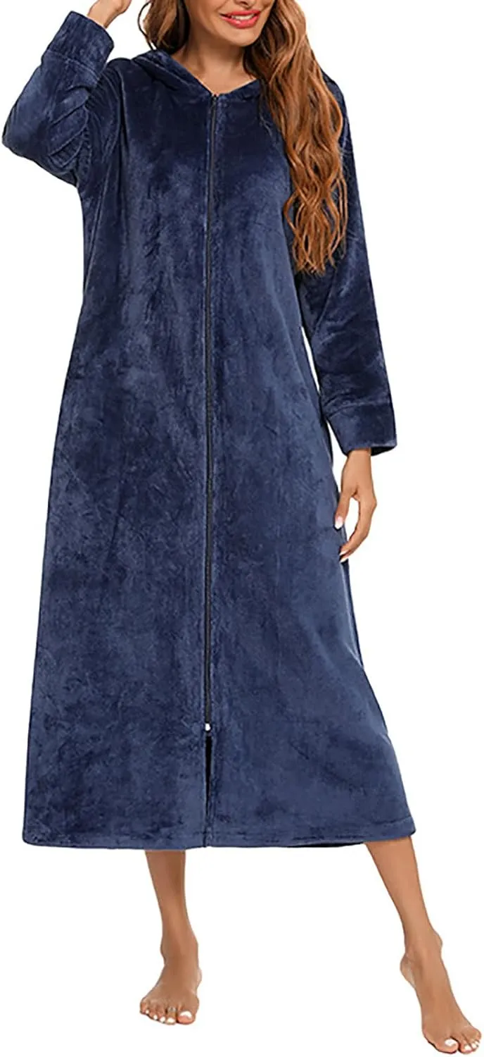 Mzkdieey Women Fleece Robes Hooded Plush Zipper Front Long Bathrobe Flannel Fleece Warm Housecoat Sleepwear with Pockets