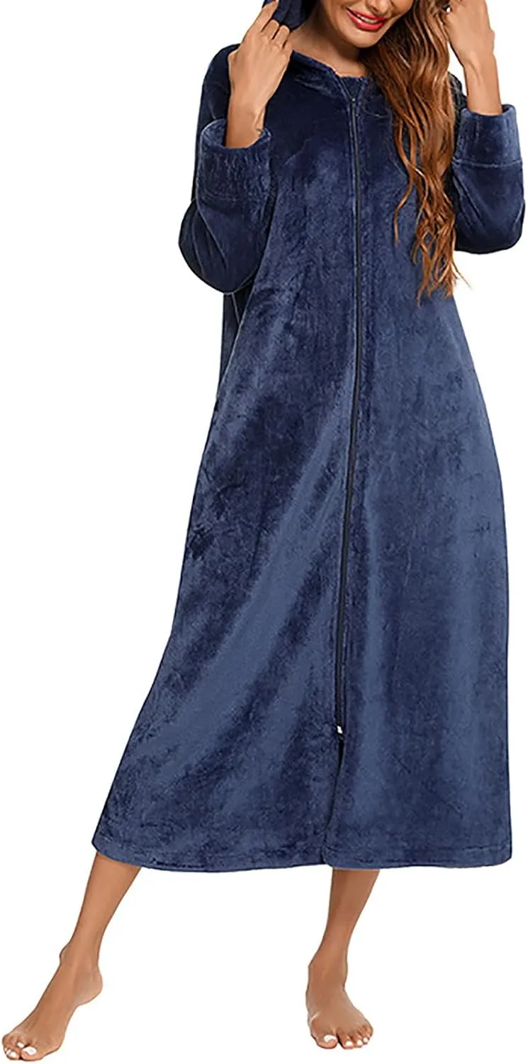 Mzkdieey Women Fleece Robes Hooded Plush Zipper Front Long Bathrobe Flannel Fleece Warm Housecoat Sleepwear with Pockets