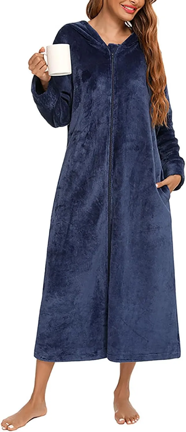 Mzkdieey Women Fleece Robes Hooded Plush Zipper Front Long Bathrobe Flannel Fleece Warm Housecoat Sleepwear with Pockets