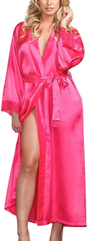 Mzkdieey Women Long Satin Robes Lace Trim Long Sleeve V Neck Bride Bridesmaid Wedding Party Robes Lightweight Sleepwear