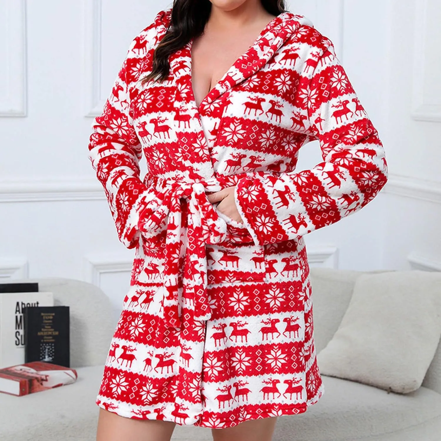 Mzkdieey Women's Christmas Snowflake Elk Print Plush Robes Soft Bathrobe Knee Length Warm Fleece Loungewear with Pockets