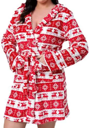 Mzkdieey Women's Christmas Snowflake Elk Print Plush Robes Soft Bathrobe Knee Length Warm Fleece Loungewear with Pockets