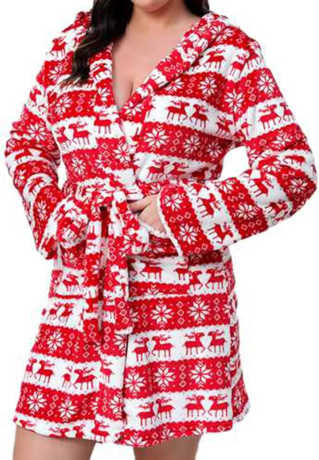 Mzkdieey Women's Christmas Snowflake Elk Print Plush Robes Soft Bathrobe Knee Length Warm Fleece Loungewear with Pockets