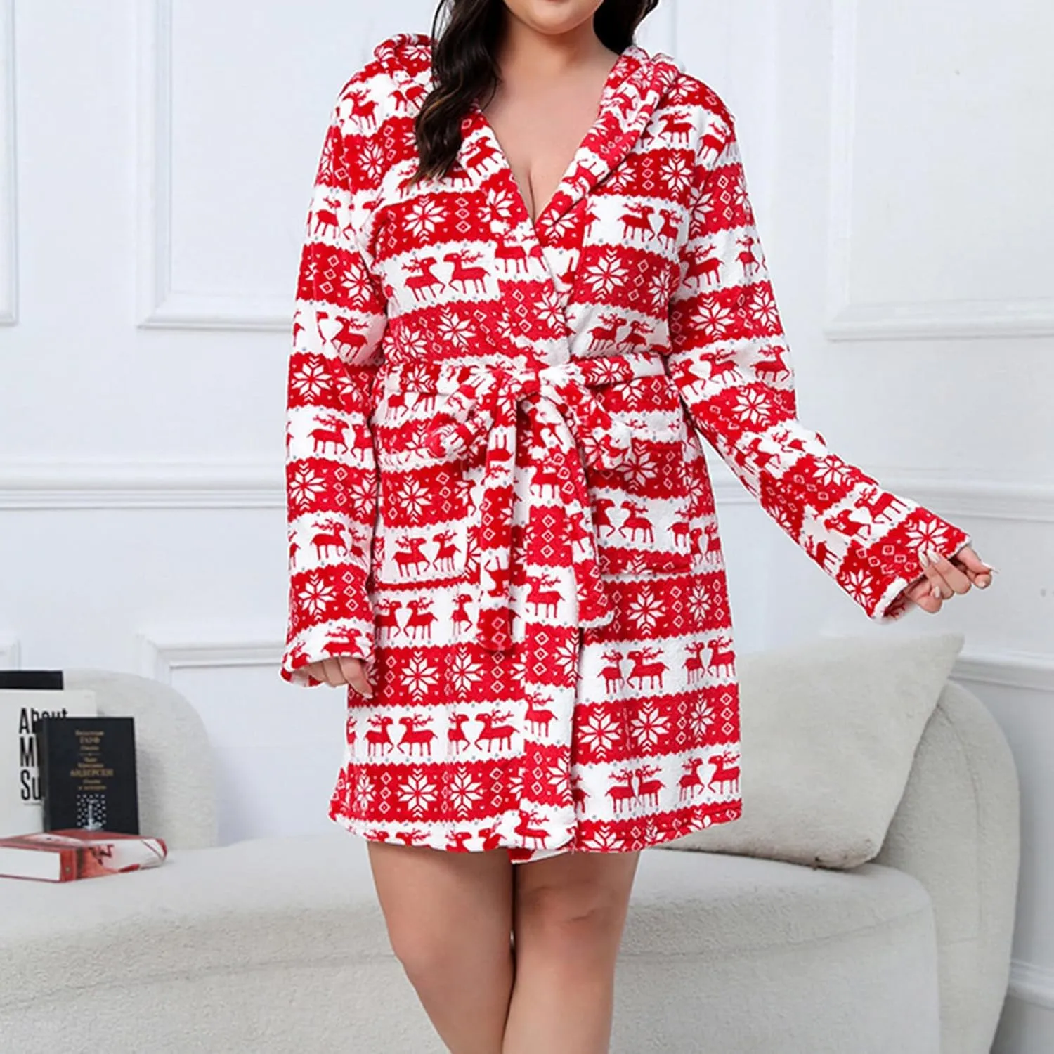 Mzkdieey Women's Christmas Snowflake Elk Print Plush Robes Soft Bathrobe Knee Length Warm Fleece Loungewear with Pockets