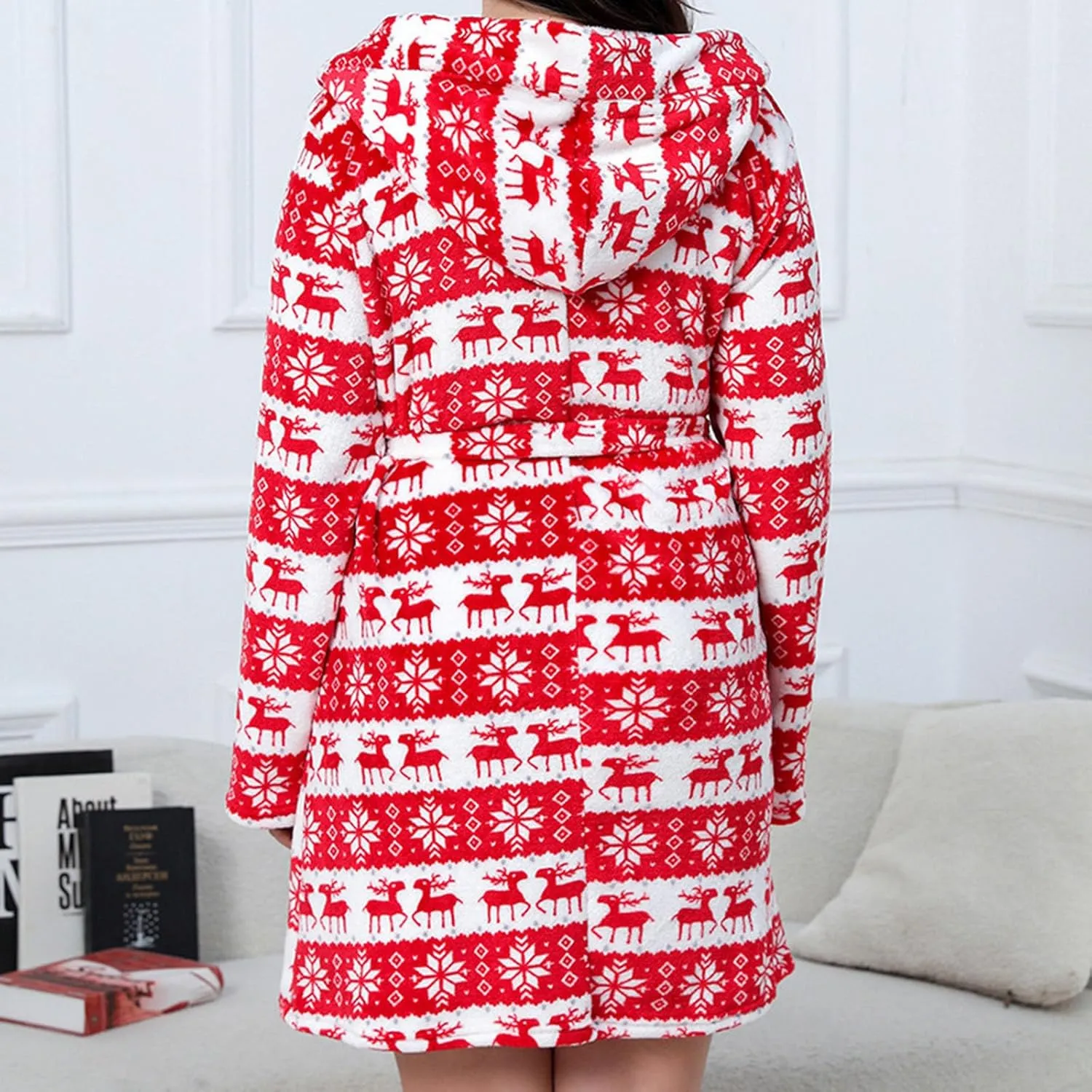 Mzkdieey Women's Christmas Snowflake Elk Print Plush Robes Soft Bathrobe Knee Length Warm Fleece Loungewear with Pockets