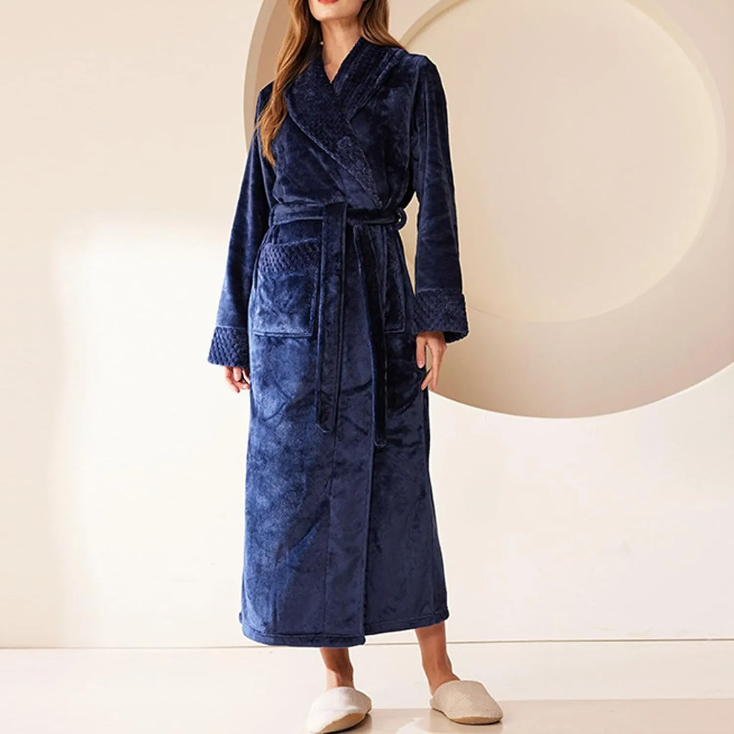 Mzkdieey Womens Plush Fleece Long Robe Flannel Warm Bathrobe Full Length Winter Housecoat Soft Cozy Nightgown Sleepwear