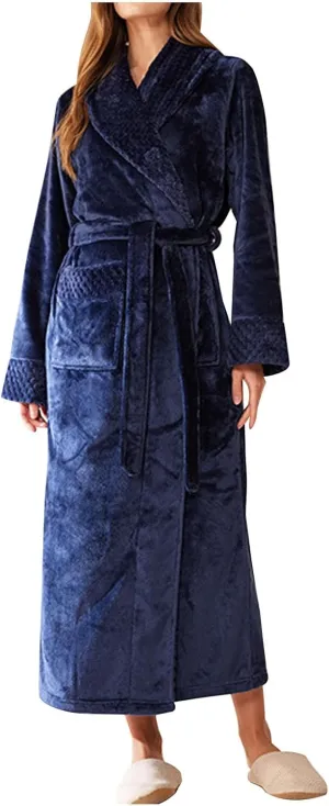 Mzkdieey Womens Plush Fleece Long Robe Flannel Warm Bathrobe Full Length Winter Housecoat Soft Cozy Nightgown Sleepwear