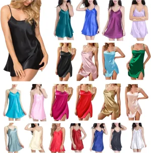 NATHGAM Women's Satin Silk Nightgowns Slip Sexy Mini Nightwears Flowy Loose Sleeveless Sleepwears Soft Pleated Pajama Dress