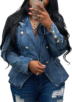 Nihsatin Women's Puff Sleeve Denim Tailored Blazer Double Breasted Flap Details Jeans Jacket