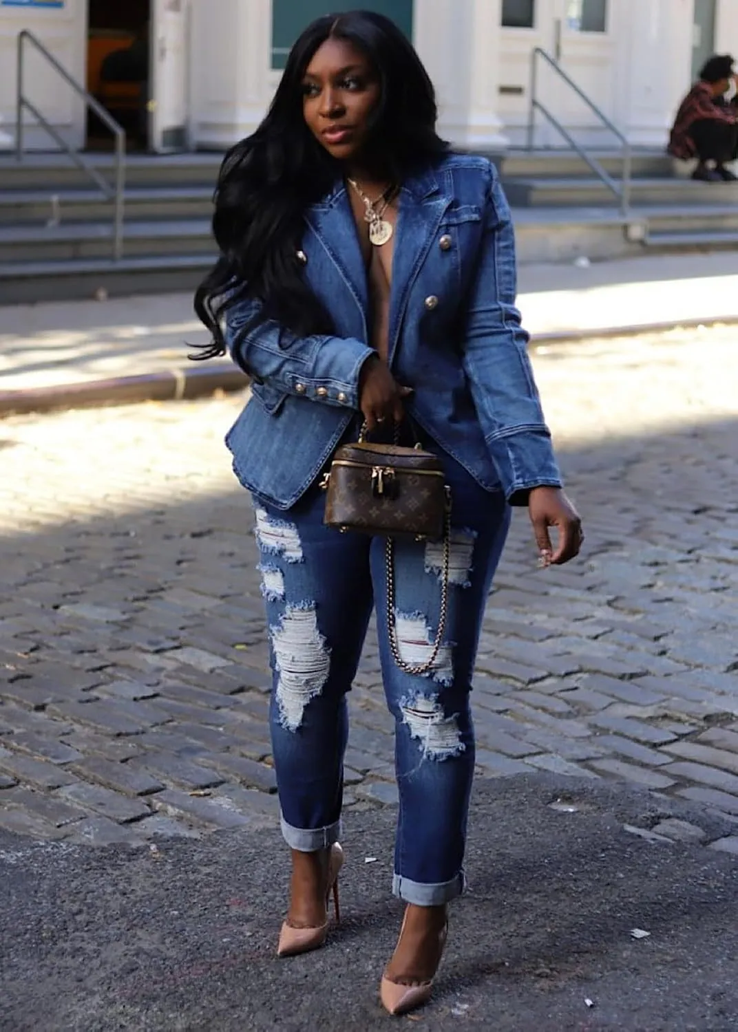Nihsatin Women's Puff Sleeve Denim Tailored Blazer Double Breasted Flap Details Jeans Jacket