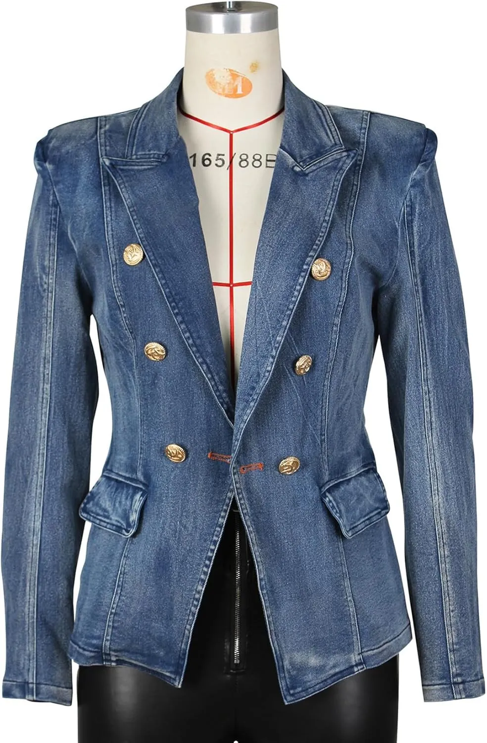 Nihsatin Women's Puff Sleeve Denim Tailored Blazer Double Breasted Flap Details Jeans Jacket