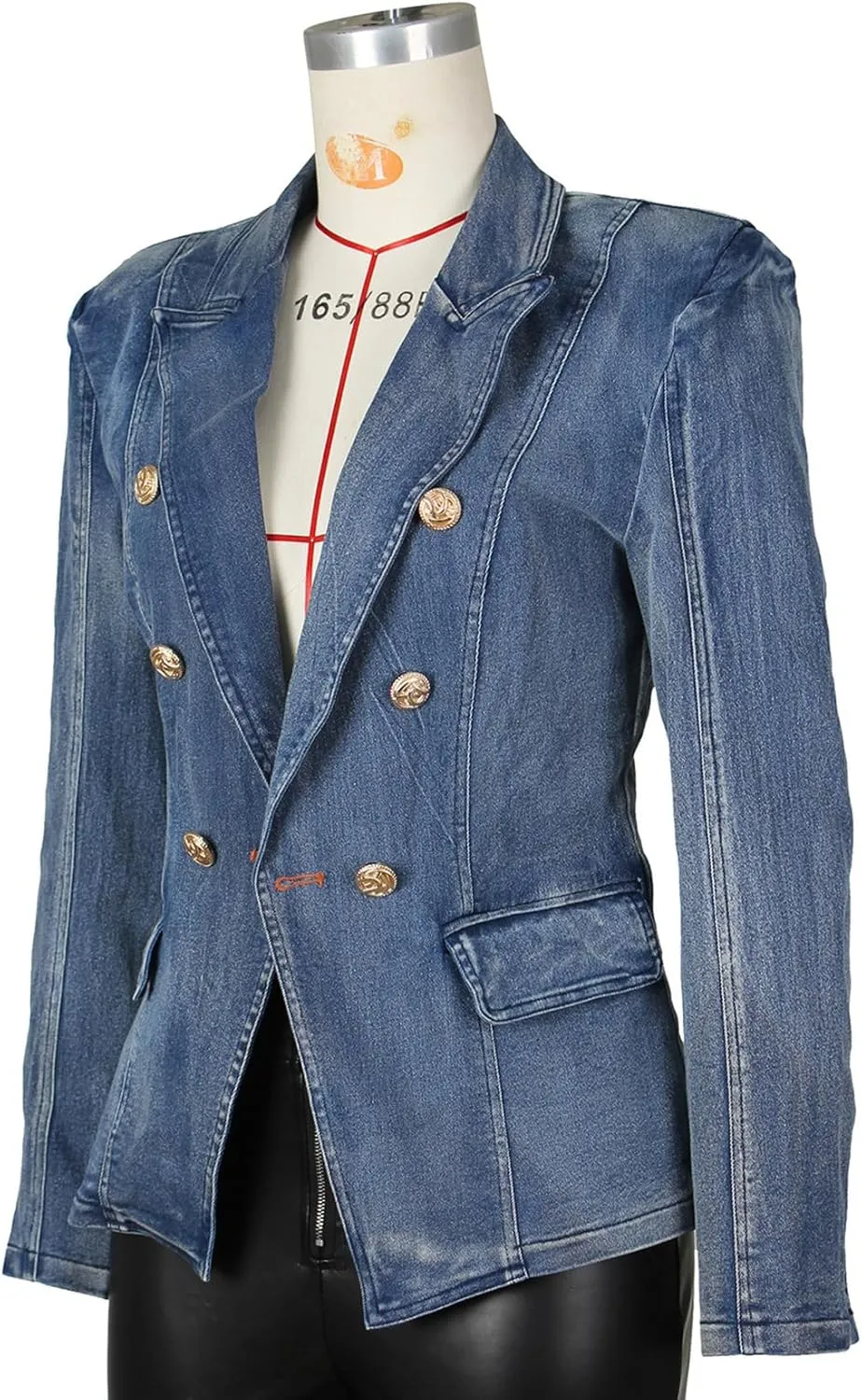 Nihsatin Women's Puff Sleeve Denim Tailored Blazer Double Breasted Flap Details Jeans Jacket