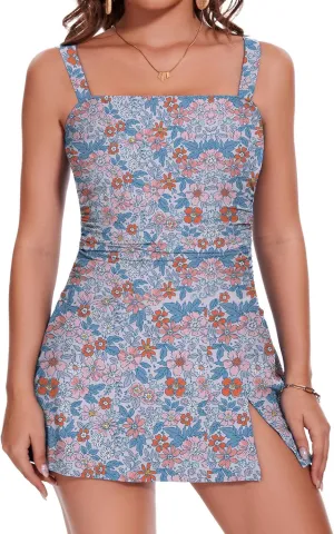 One Piece Swimdress Swimsuit for Women Tummy Control Split Swim Dress Skirt Bandeau Bathing Suit
