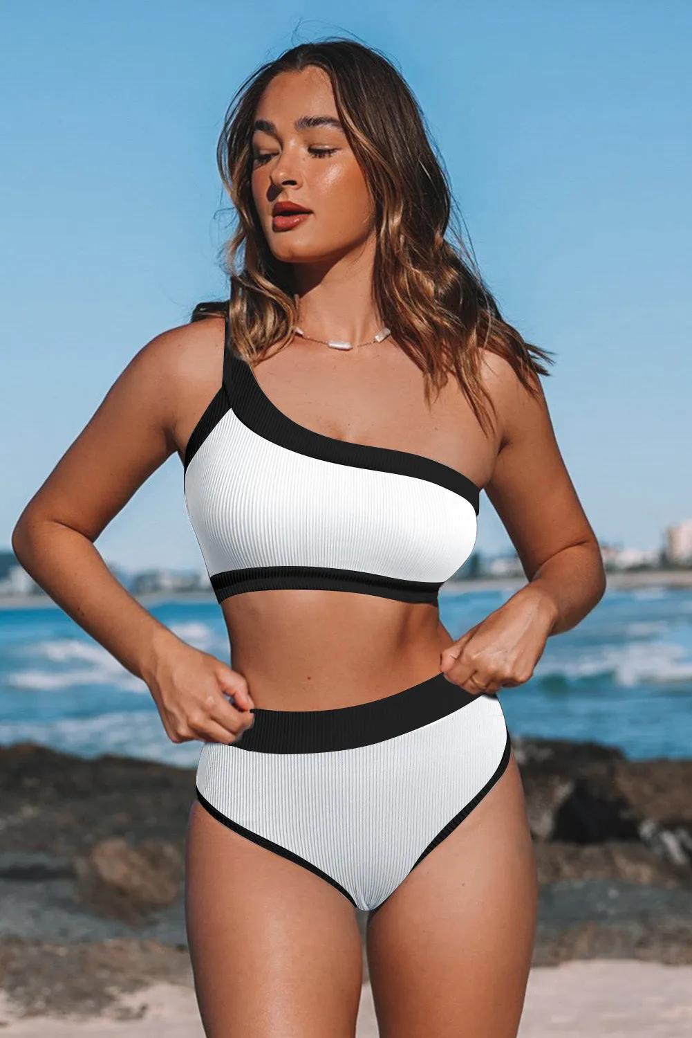 One Shoulder Patchwork High-waisted Bikini Set