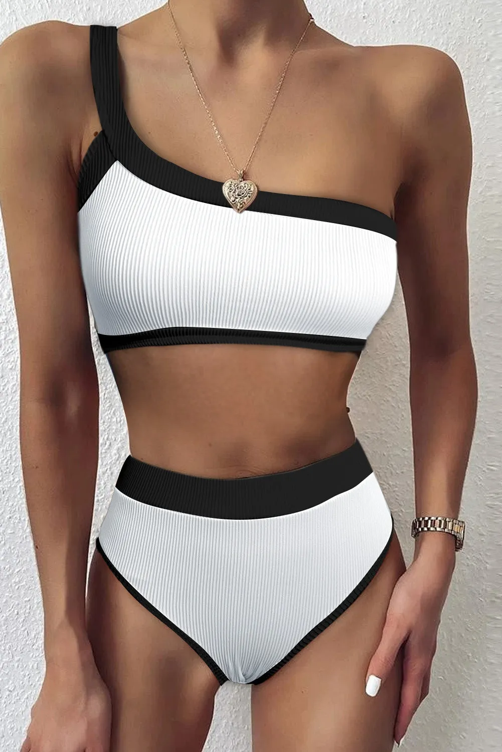 One Shoulder Patchwork High-waisted Bikini Set