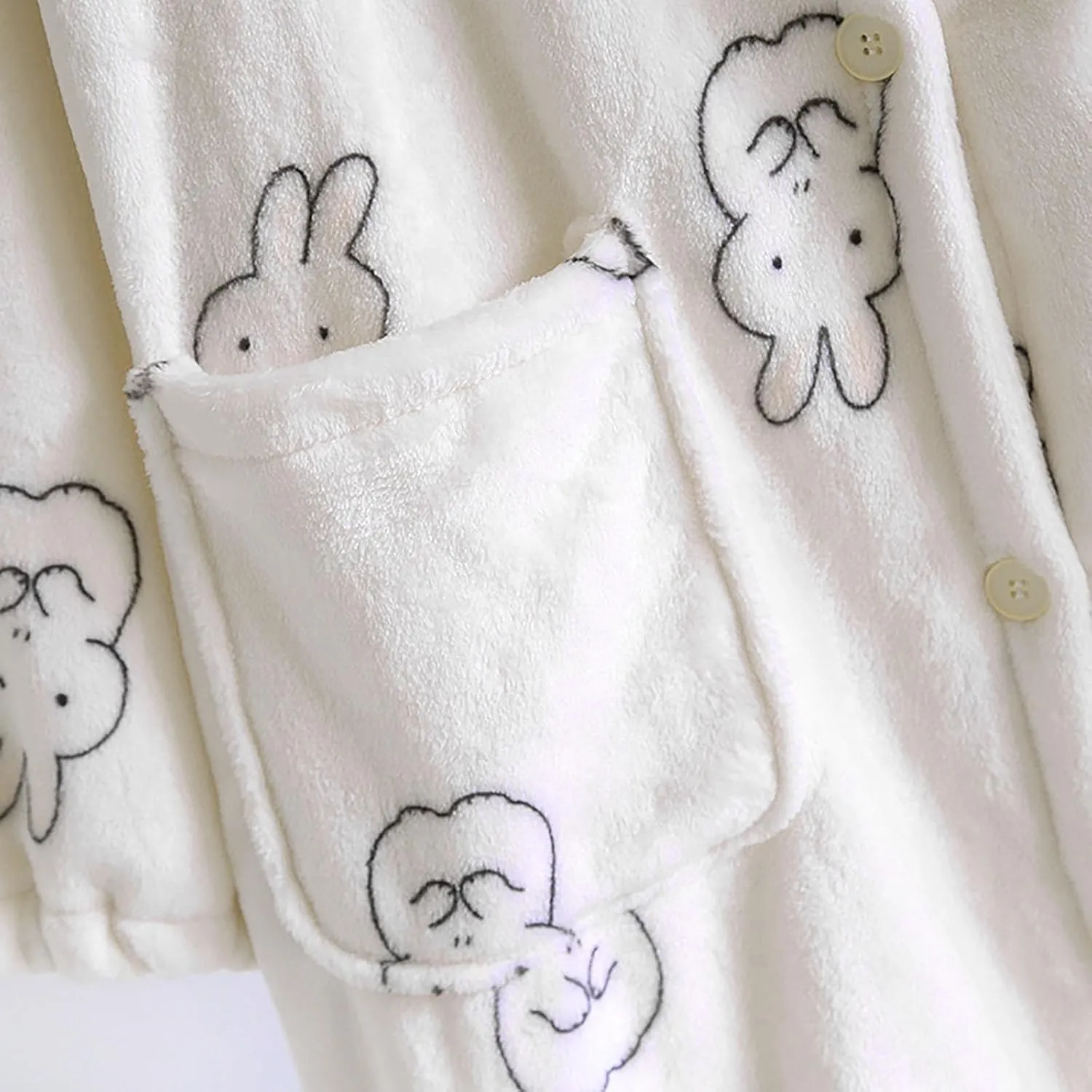 Oplxuo Womens Cute Bunny Pattern Plush Robe, Hooded Soft Fluffy Bathrobe for Women Button Down Winter Warm Loungewear