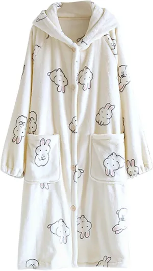 Oplxuo Womens Cute Bunny Pattern Plush Robe, Hooded Soft Fluffy Bathrobe for Women Button Down Winter Warm Loungewear