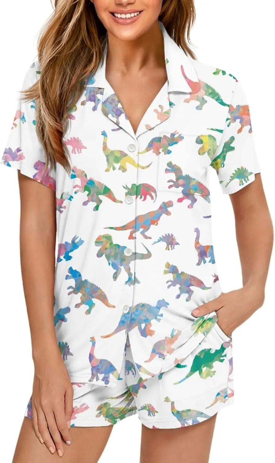 Pajama Set for Women Short Sleeve Button Down Sleepwear Summer Pjs Shorts Set