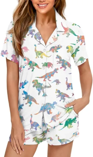 Pajama Set for Women Short Sleeve Button Down Sleepwear Summer Pjs Shorts Set