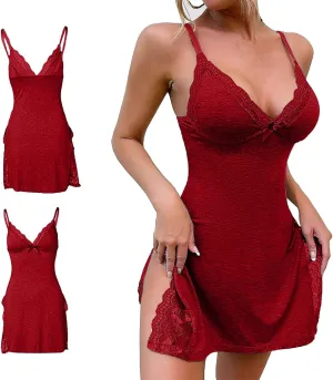 PETCDIM Lace Trim Sleep Dress for Women Sexy High Split Nightgown Trendy Bowknot Decor Sleep Spaghetti Dress Valentines Gift