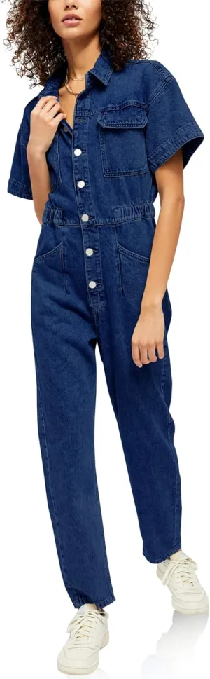 PLNOTME Womens Short Sleeve Denim Jumpsuit Button Down Elastic Waist Jeans Long Pants Romper with Pocket