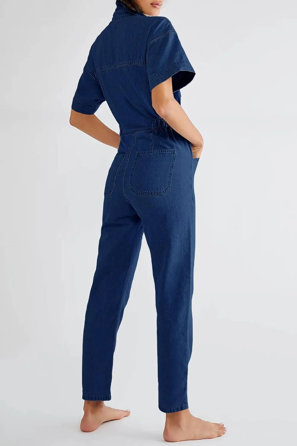 PLNOTME Womens Short Sleeve Denim Jumpsuit Button Down Elastic Waist Jeans Long Pants Romper with Pocket