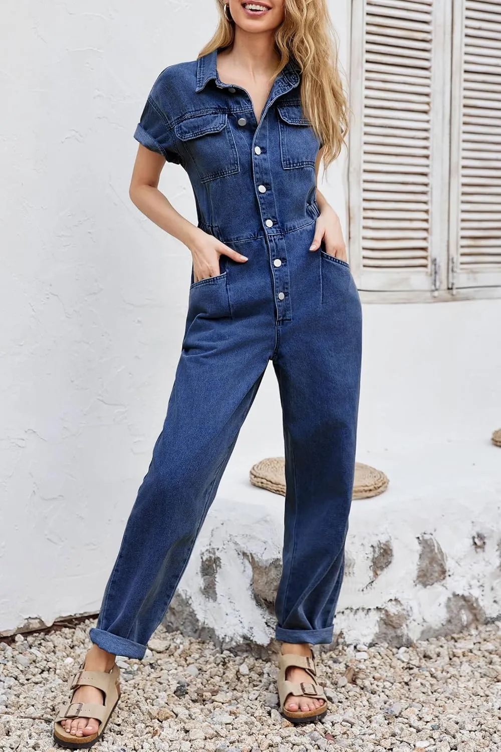 PLNOTME Womens Short Sleeve Denim Jumpsuit Button Down Elastic Waist Jeans Long Pants Romper with Pocket