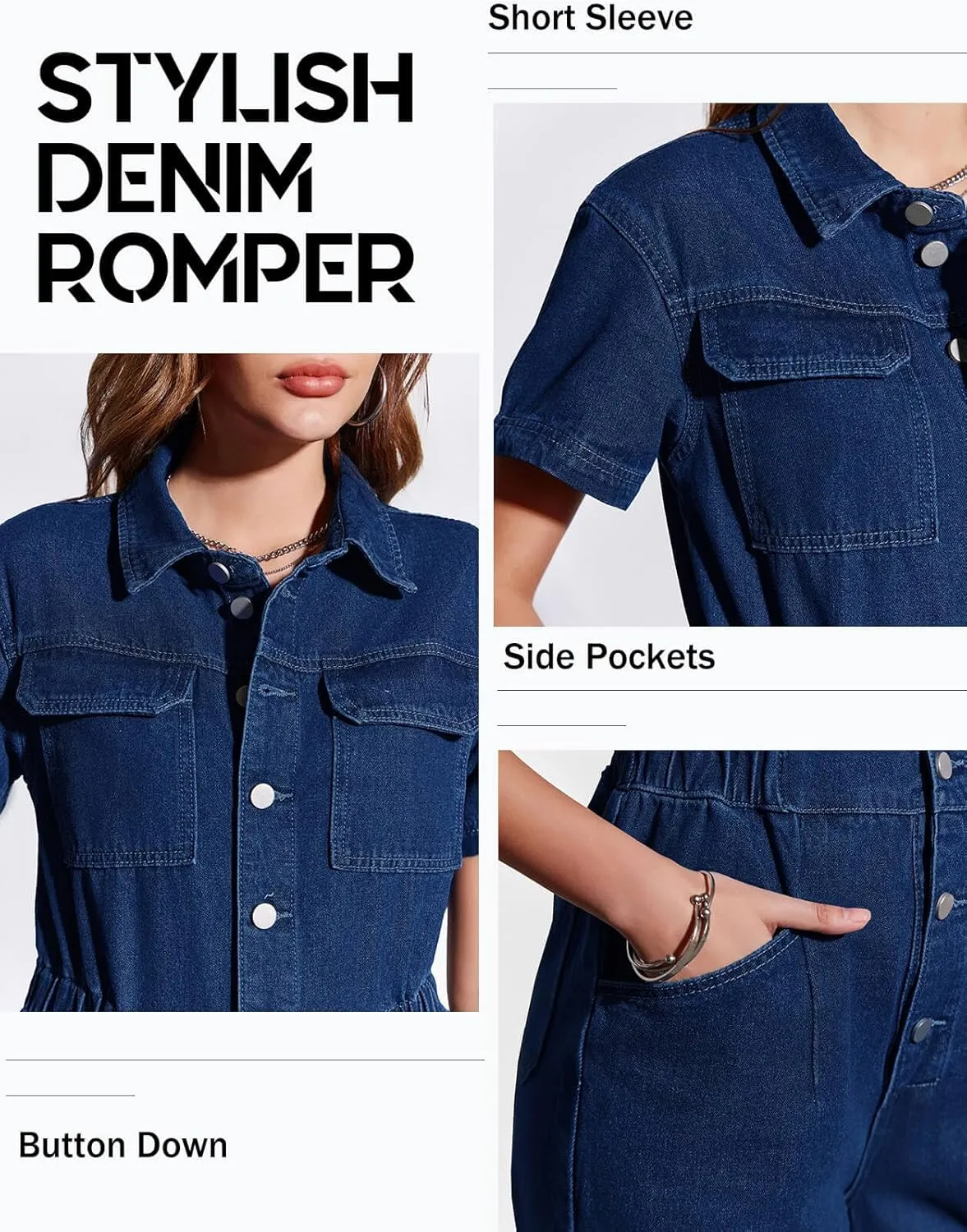 PLNOTME Womens Short Sleeve Denim Jumpsuit Button Down Elastic Waist Jeans Long Pants Romper with Pocket