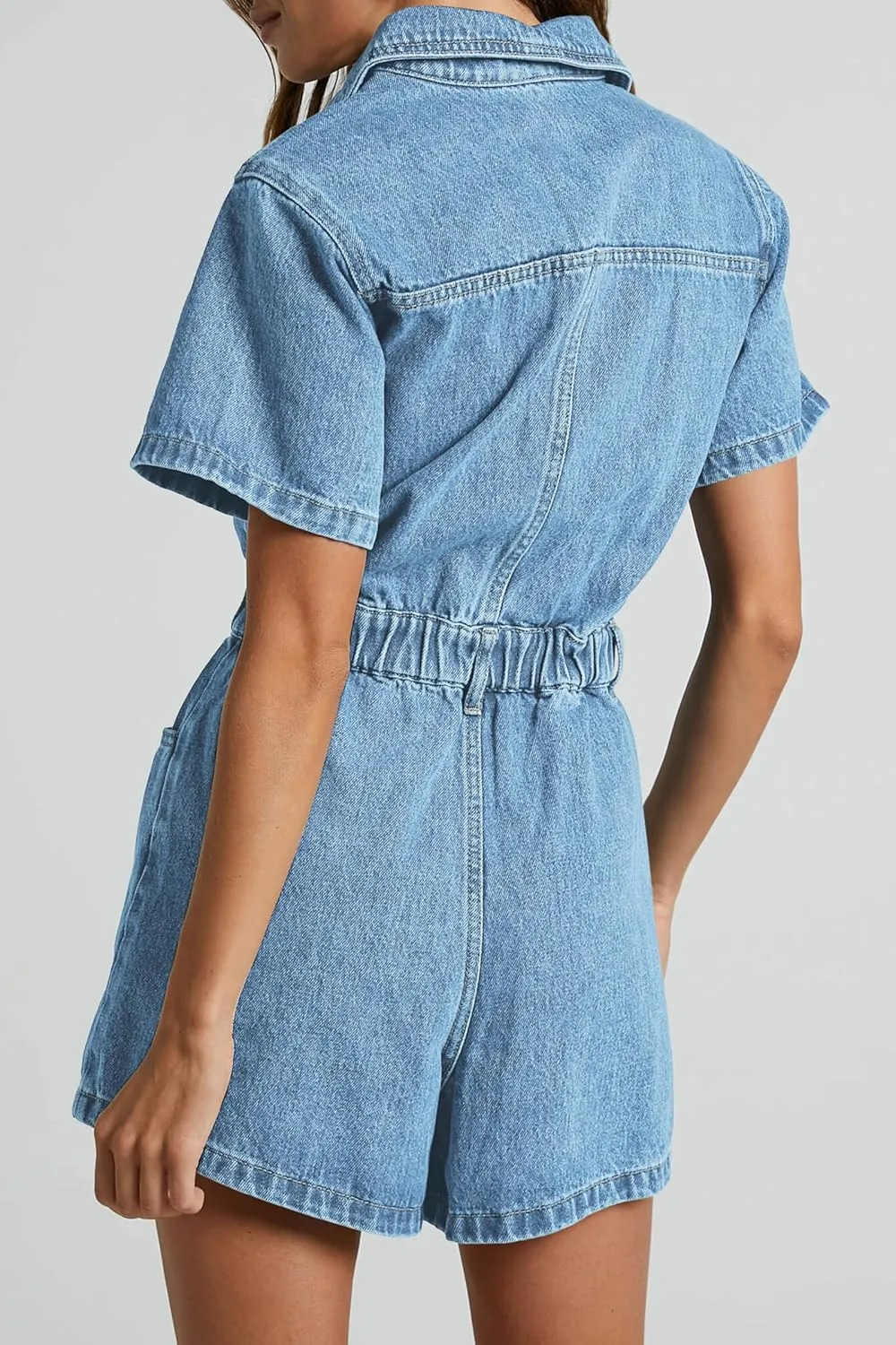 PLNOTME Womens Summer Denim Romper Short Sleeve Zip Up Utility Pockets Jean Jumpsuit Shorts
