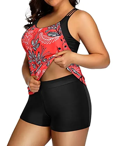 Plus Size Blouson Racerback Tankini Top With Shorts For Women-Red Floral