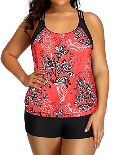 Plus Size Blouson Racerback Tankini Top With Shorts For Women-Red Floral