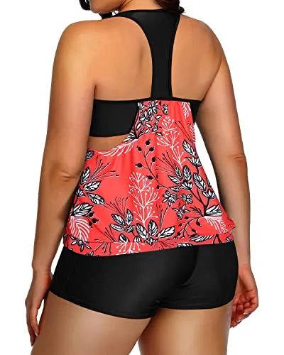 Plus Size Blouson Racerback Tankini Top With Shorts For Women-Red Floral